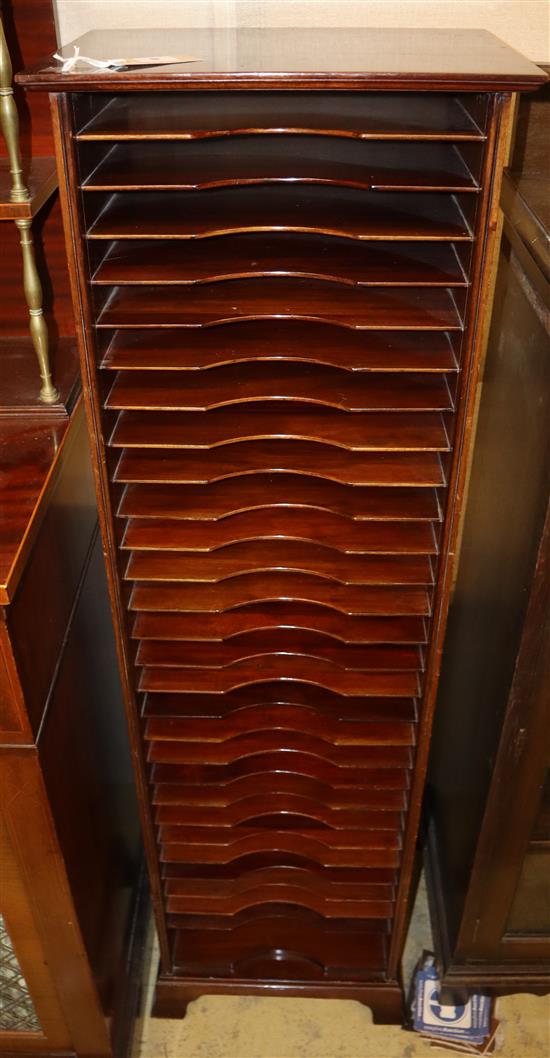 An Edwardian mahogany open fronted filing cabinet, width 39cm, height 130cm